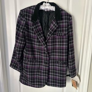Vintage 90’s Womens Blazer 14 Purple Plaid Oversized Wool Blend Leather Trim